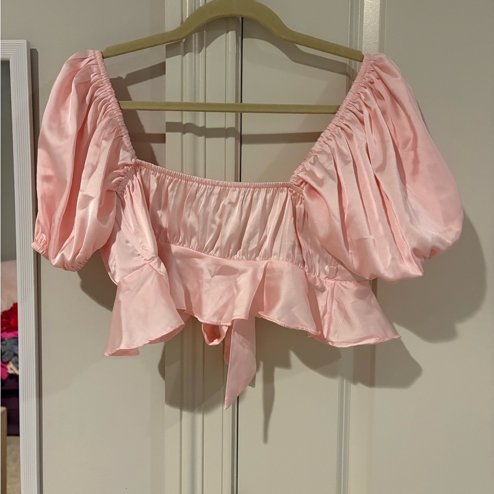 Pink Puff Sleeve Tie Front Blouse - Picture 2 of 4